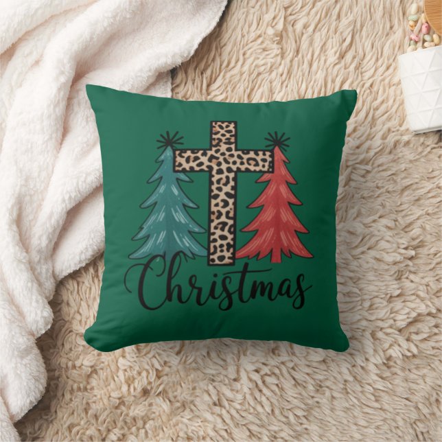 Leopard Cross Christmas Trees Christian  Throw Pillow (Blanket)