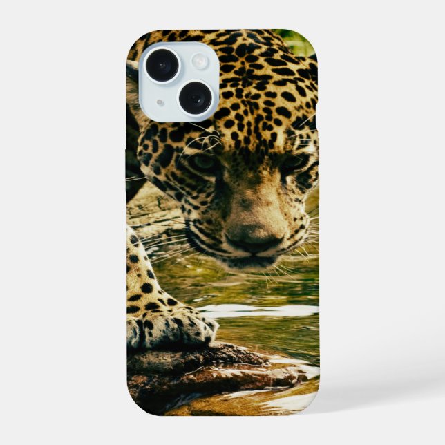 Leopard Crossing a Stream iPhone 15 Case (Back)