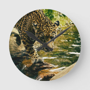 Leopard Crossing a Stream Photograph Round Clock