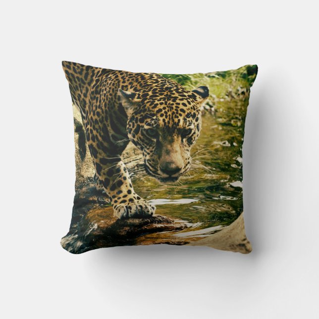 Leopard Crossing a Stream Photograph Throw Pillow (Front)