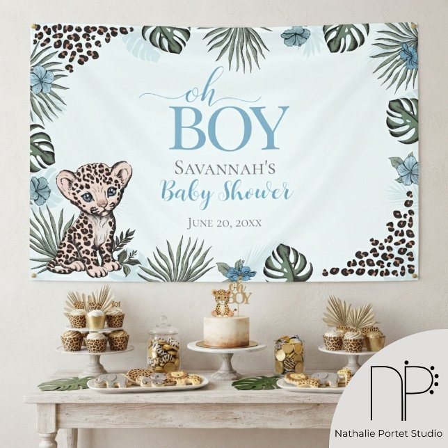 Leopard Cub Blue Baby Shower Banner (Leopard Cub Blue Baby Shower Banner with baby boy leopard, jungle leaf border for safari party decor)
