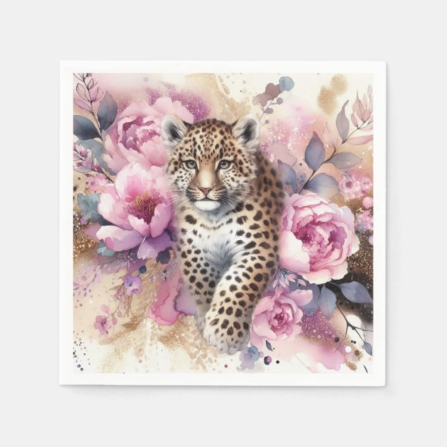 Leopard Cub & Roses Napkin (Front)