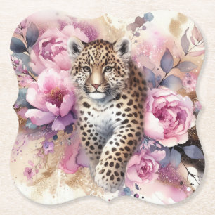 Leopard Cub & Roses Paper Coaster