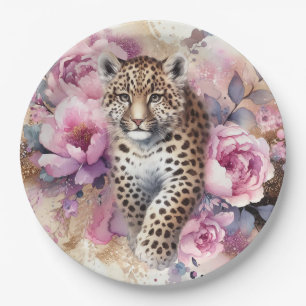 Leopard Cub & Roses Paper Plate