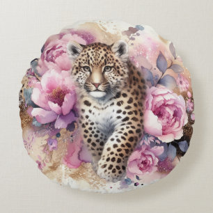 Leopard Cub & Roses Round Throw Pillow