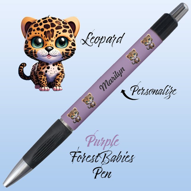 Leopard, Cute Unique Whimsical Kitty Cat Purple Pen (Cute Whimsical Leopard Cartoon Graphic, Purple Customizable ForestBabies Pen 🐆)