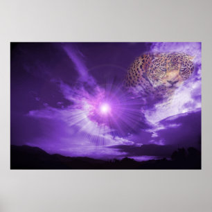 Leopard dans le ciel violet. affiche