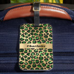 Leopard emerald green gold cheetah pattern name luggage tag<br><div class="desc">Elegant, cool, glamourous and feminine with emerald green and faux gold leopard pattern. Personalize and add your name.</div>