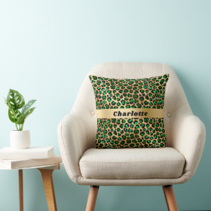 Leopard emerald green gold cheetah pattern name throw pillow