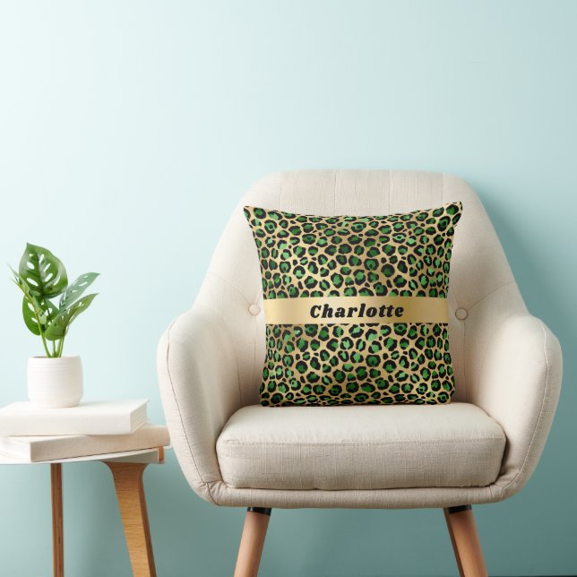 Leopard emerald green gold cheetah pattern name throw pillow (Chair)