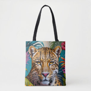 Leopard face in flowers tote bag