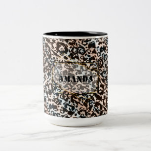 leopard, fashionable, spotted, brown,personalized Two-Tone coffee mug