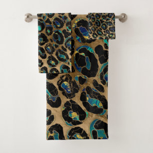 Leopard Faux Fur Texture Marble and gold Bath Towel Set
