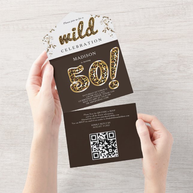Leopard Foil Balloon 50th Birthday QR Code RSVP Al All In One Invitation (Tearaway)