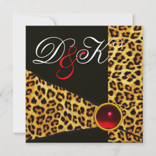 LEOPARD FUR RIBBON,RED RUBY GEMSTONE MONOGRAM INVITATION