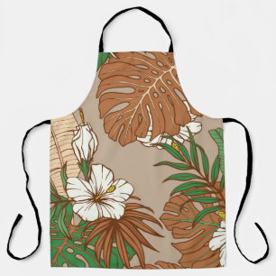 Leopard fur tropical leaves hibiscus flowers seaml apron