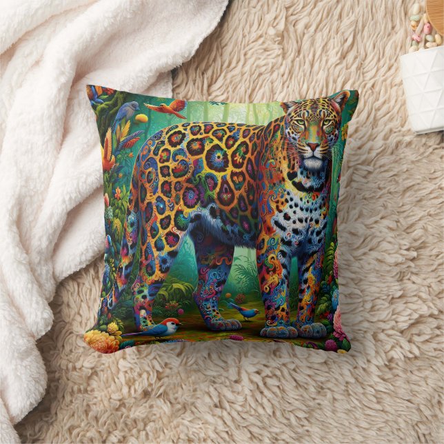 Leopard Gaze: Tropical Majesty in Motion Throw Pillow (Blanket)