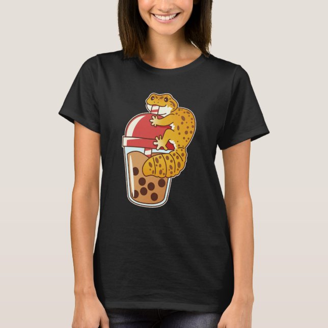 Leopard Gecko Drinking Boba Bubble Tea T-Shirt (Front)