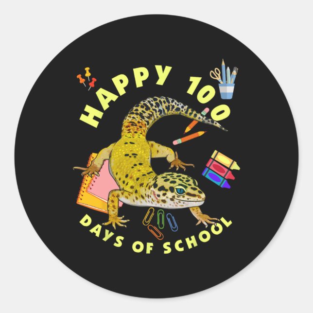 Leopard Gecko Happy 100 Days Of School Funny  Classic Round Sticker (Front)