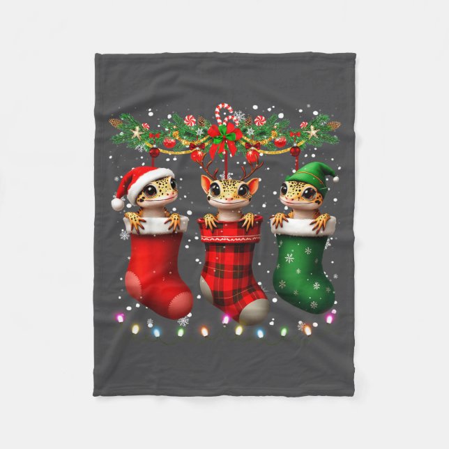 Leopard Gecko In Christmas Socks Lights Leopard Ge Fleece Blanket (Front)