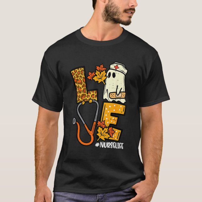 Leopard Ghost Nurse Halloween Costume Fall Scrub T T-Shirt (Front)