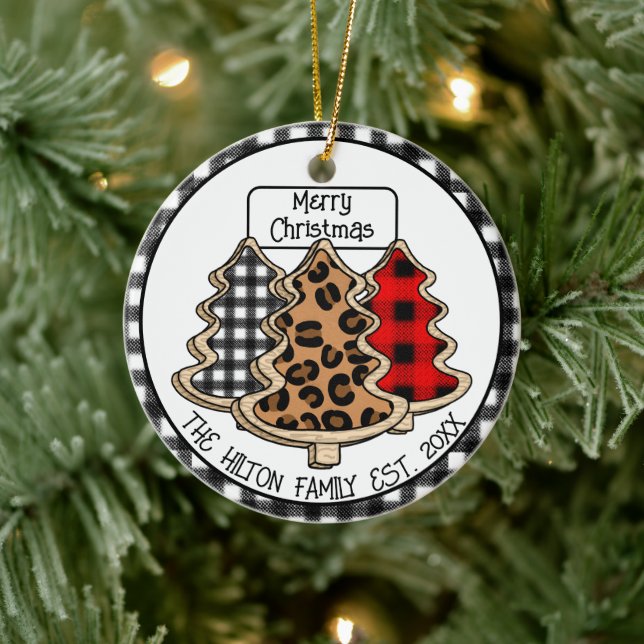Leopard, Gingham and Buffalo Plaid Christmas Trees Ceramic Ornament (Tree)