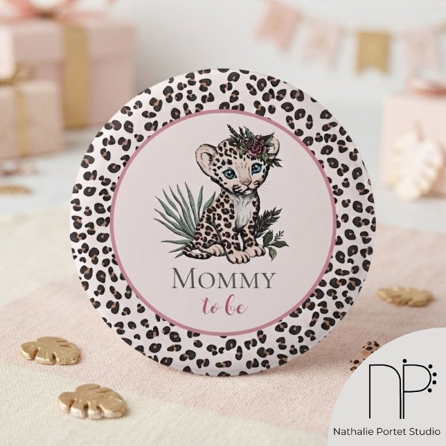 Leopard Girl Cub Pink Pin  (hand-drawn baby leopard girl cub and editable Mommy to Be text for safari baby shower guest badges)