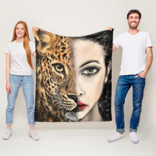Leopard Girl Face Fantasy Fleece Blanket Painting