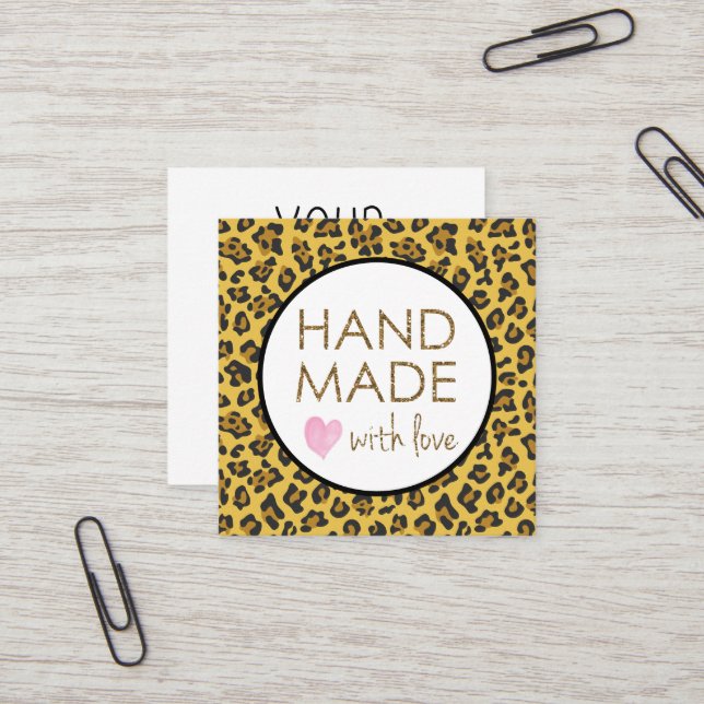 Leopard Glitter Handmade with Love Square Business Card (Front/Back In Situ)
