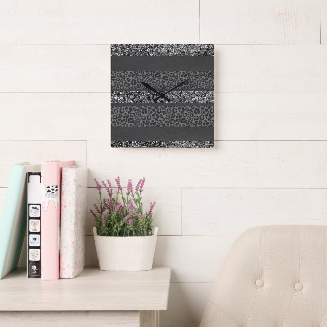 Leopard Glitter Stripes Glam 9 Square Wall Clock (Reading Room)