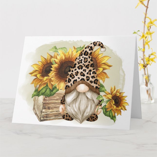 Leopard Gnome Sunflowers Card (Yellow Flower)