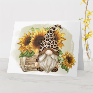 Leopard Gnome Sunflowers Card