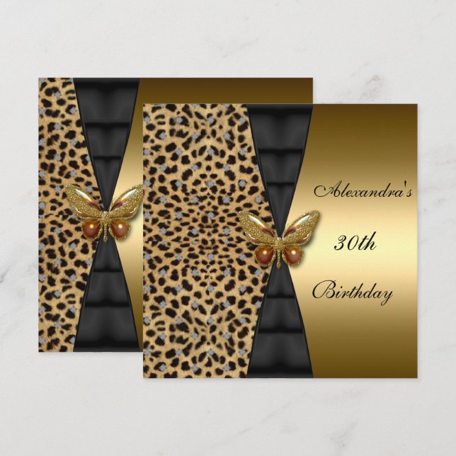 Leopard gold Animal 30th Birthday Butterfly Invitation (Front/Back)