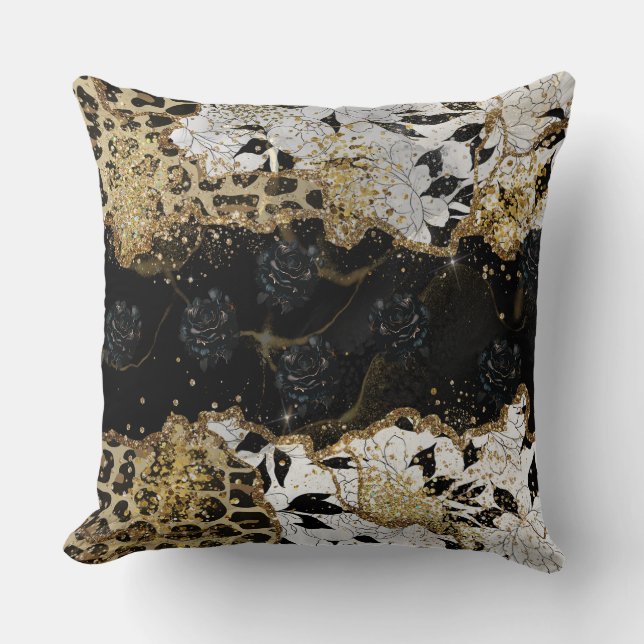 Leopard Gold Black Roses Agate Throw Pillow (Front)