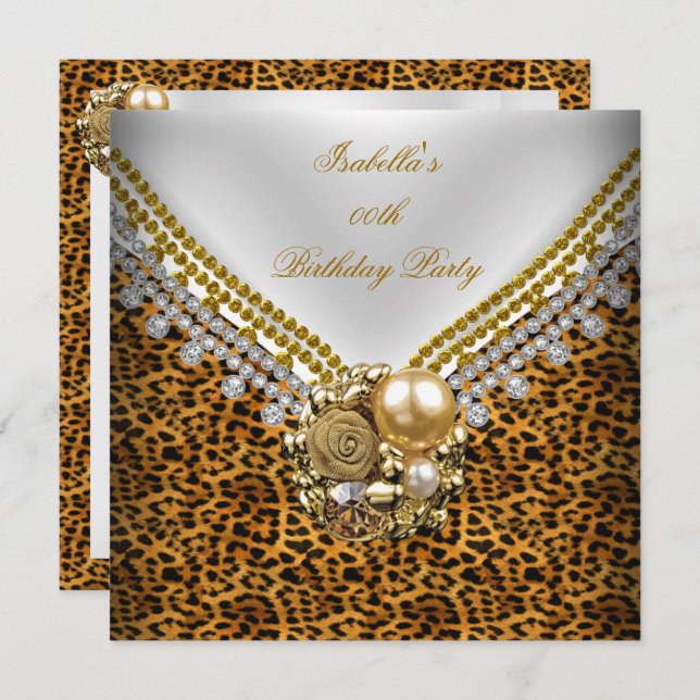 Leopard Gold Black White Elegant Birthday Party Invitation (Front/Back)