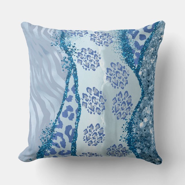 Leopard Gold Blue Glitter Agate Throw Pillow (Front)