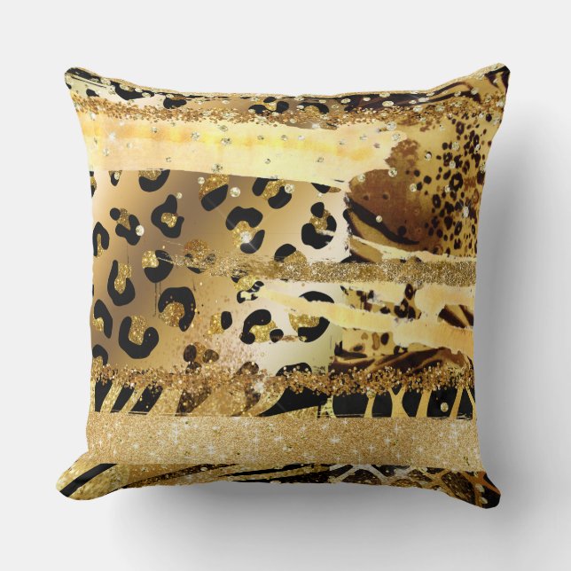 Leopard gold glitter wild animal confetti chic throw pillow (Front)