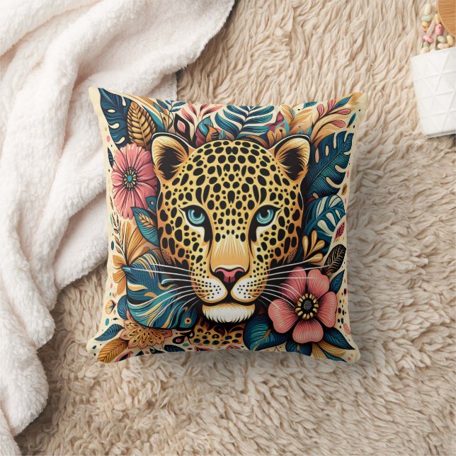 Leopard Grace: Vibrant Branch Serenity Throw Pillow (Blanket)