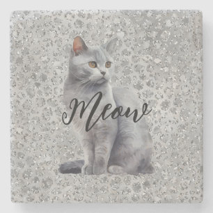 Leopard Gray Meow Kitty Cat  Stone Coaster