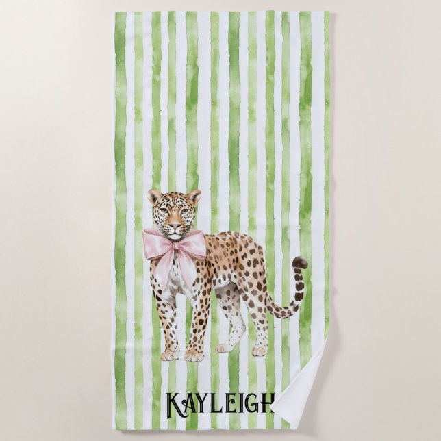 Leopard Green Stripes Beach Towel (Front)