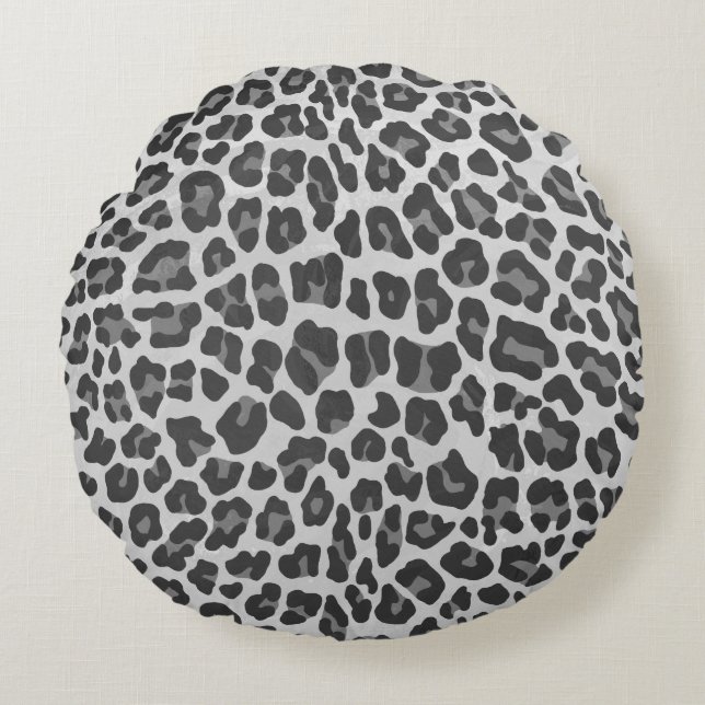 Leopard Grey and Light Grey Print Round Pillow (Front)