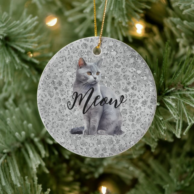 Leopard Grey Meow Kitty Cat  Ceramic Ornament (Tree)