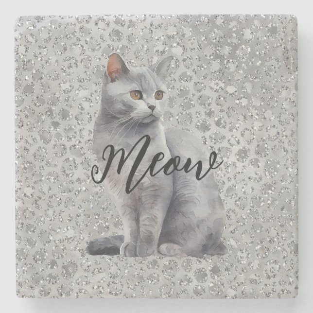 Leopard Grey Meow Kitty Cat  Stone Coaster (Front)