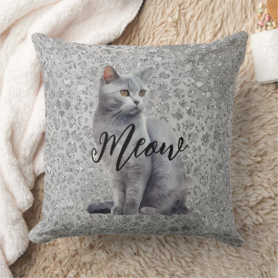 Leopard Grey Meow Kitty Cat Throw Pillow