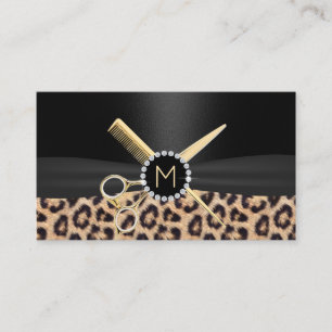 Leopard Hair Stylist Gold Scissor & Comb Luxury Business Card