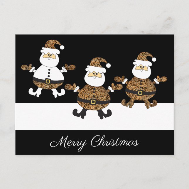 Leopard Happy Triple Santa Snow On Black Postcard (Front)