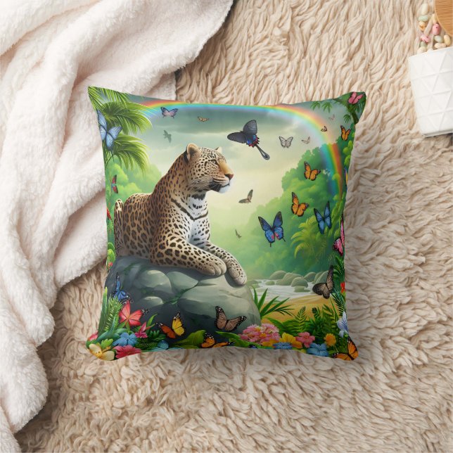 Leopard Haven: Colourful Tropical Surroundings Throw Pillow (Blanket)