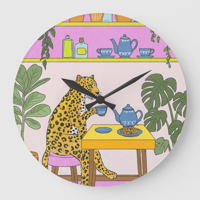 Leopard Having Tea Large Clock (Front)