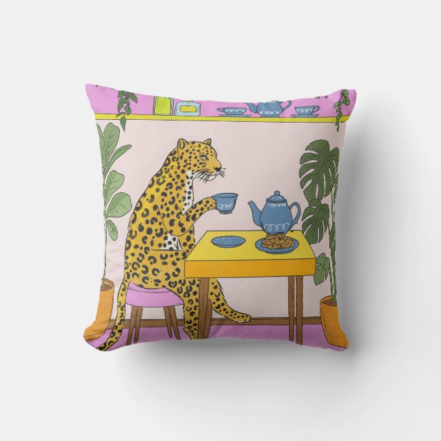 Leopard Having Tea Throw Pillow (Front)