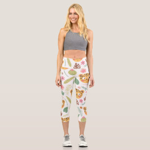 Leopard Head Tropical Plants Pattern Capri Leggings